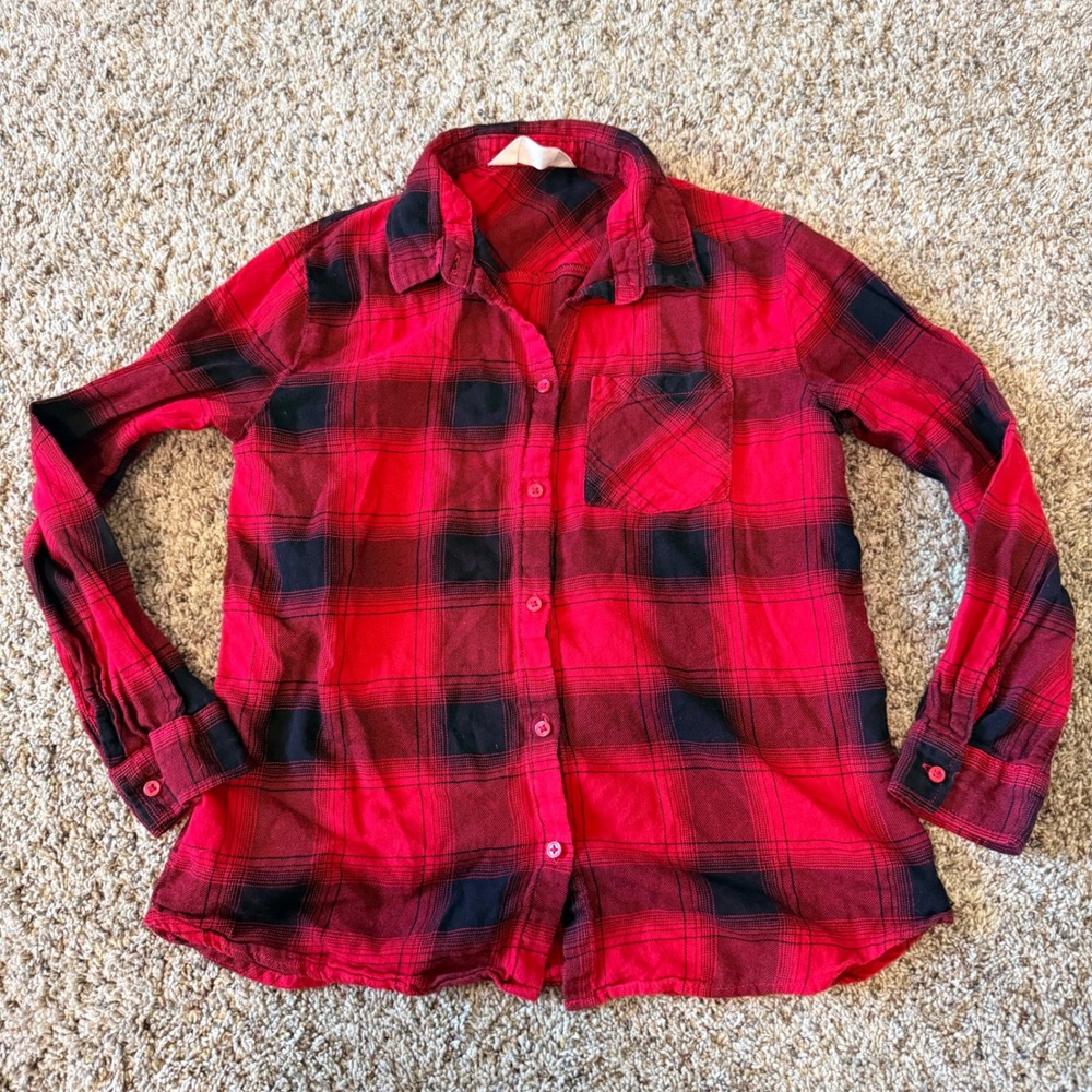 HM Girls Red Black Buffalo Plaid Flannel Button Down Shirt Size 14 Large